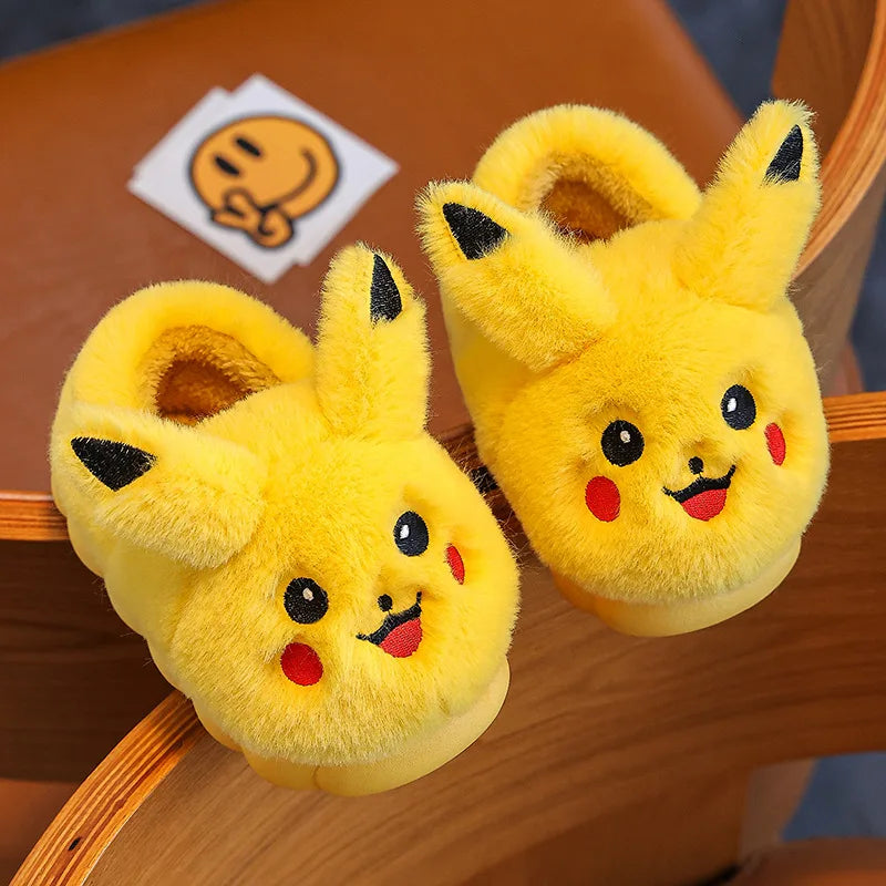 Pokemon Anime Pikachu Autumn/Winter Children'S Cute Flat Plush Slippers Soft Sole Non-Slip Warm Indoor Home Cotton Shoes Gifts