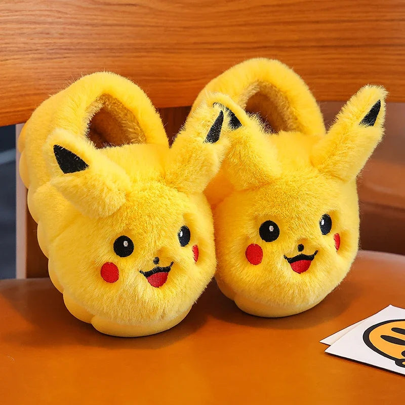 Pokemon Anime Pikachu Autumn/Winter Children'S Cute Flat Plush Slippers Soft Sole Non-Slip Warm Indoor Home Cotton Shoes Gifts