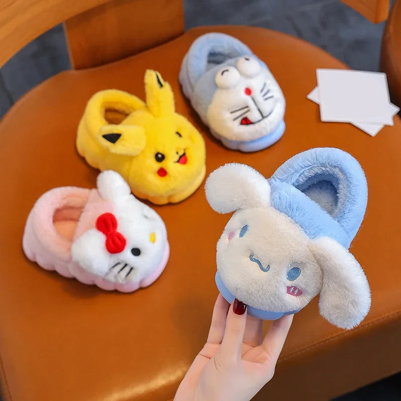 Pokemon Anime Pikachu Autumn/Winter Children'S Cute Flat Plush Slippers Soft Sole Non-Slip Warm Indoor Home Cotton Shoes Gifts